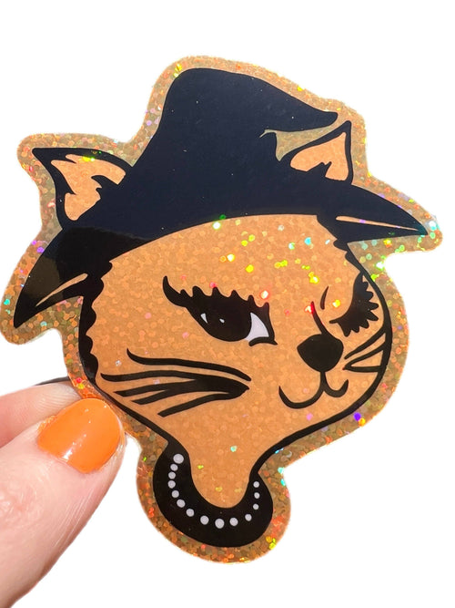90s Halloween Winking Cat Glitter Sticker