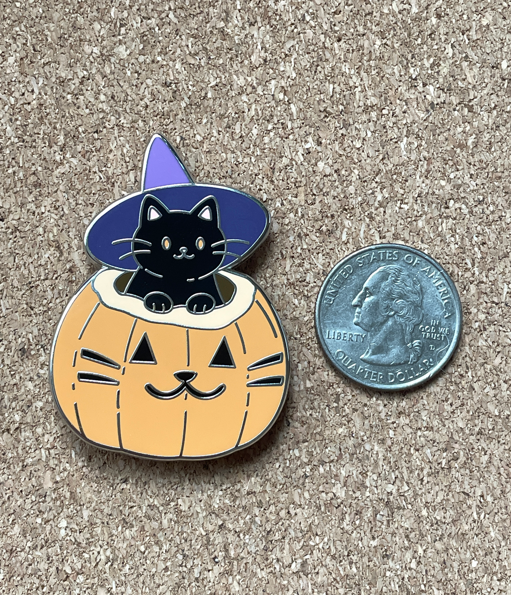Pumpkin Witch Cat Enamel Pin